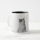 白でペットボールの側で坐り、舐めている猫 ツートーンマグカップ (正面左)