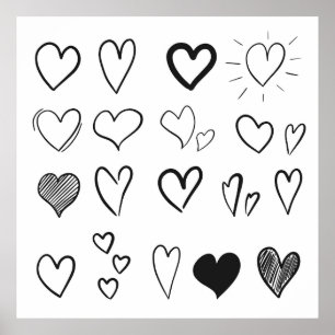 白で孤立した手書きハートのコレクション ポスター