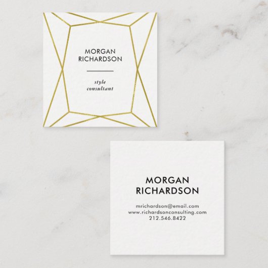 白で幾何学的なモダンでフェイクな金ゴールド スクエア名刺 (正面/裏面)