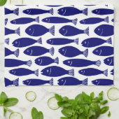 白で濃紺魚パターン- キッチンタオル (折り畳み)