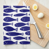 白で濃紺魚パターン- キッチンタオル (四つ折り)