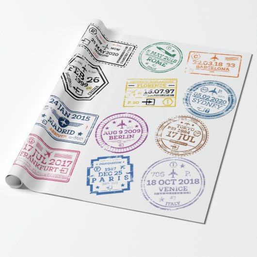 白で隔離されたパスポート切手のコレクション。V ラッピングペーパー (アンロールド)