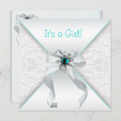 白とエレガントティール(緑がかった色)ブルーベビーガールシャワー 招待状 (正面/裏面)