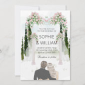 白とエレガントピンクのバラの結婚式パーティー 招待状 (正面)