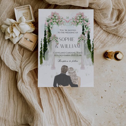 白とエレガントピンクのバラの結婚式パーティー 招待状