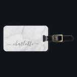 白とエレガント灰色の大理石のスクリプパーソナライズされたト ラゲッジタグ<br><div class="desc">白パーソナライズされたエレガントと灰色の大理石スクリプトレタリングラゲージタグ</div>