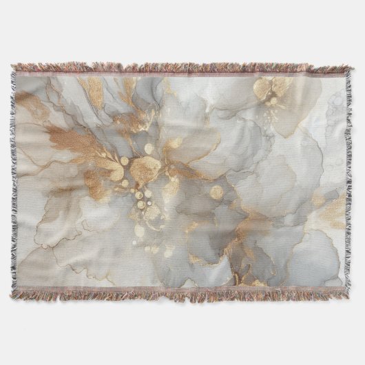 白とエレガント金ゴールドのインク抽象芸術アート スローブランケット (正面)