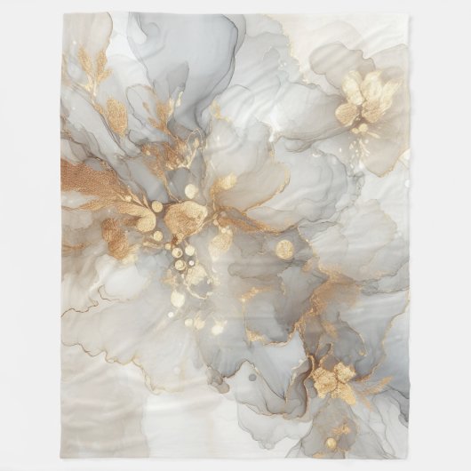 白とエレガント金ゴールドのインク抽象芸術アート フリースブランケット (正面)