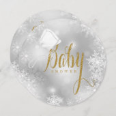 白とエレガント金ゴールドのスノーフレーク赤ちゃんシャワー 招待状 (正面/裏面)