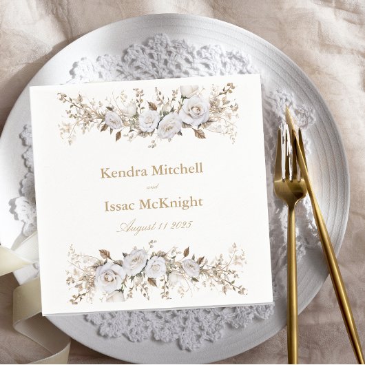 白とエレガント金ゴールドバラヴィンテージウェディング スタンダードカクテルナプキン