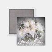 白とエレガント銀のクリスマスポインセチア マグネット (正面/裏面)