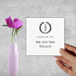 白とエレガント黒モノグラムリースディナー スタンダードカクテルナプキン