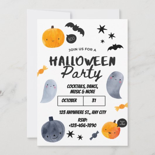 白とオレンジのかわいいハロウィンパーティー招待状 招待状 (正面)