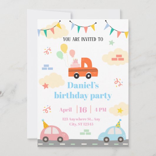 白とオレンジの例示車のおもちゃ 招待状 (正面)