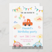 白とオレンジの例示車のおもちゃ 招待状 (正面/裏面)