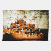 白とオレンジの壊れたレンガ壁 キッチンタオル (横)