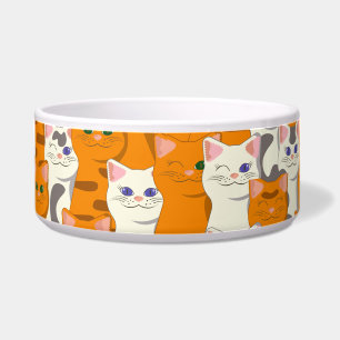 白とオレンジ色の猫が緑の目と青い目をパターン ボウル