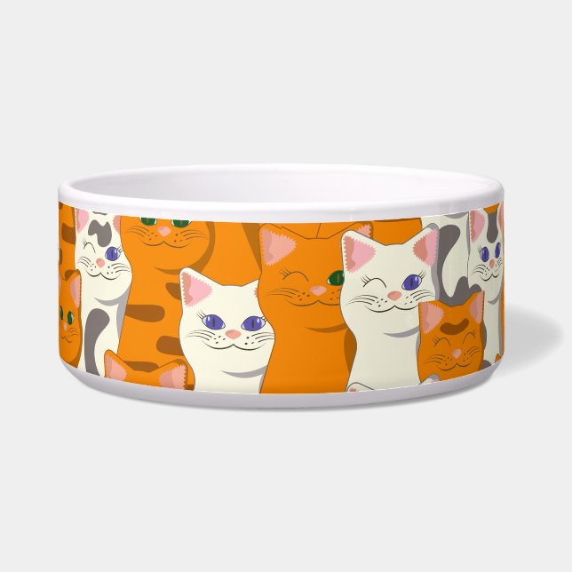 白とオレンジ色の猫が緑の目と青い目をパターン ボウル (正面)
