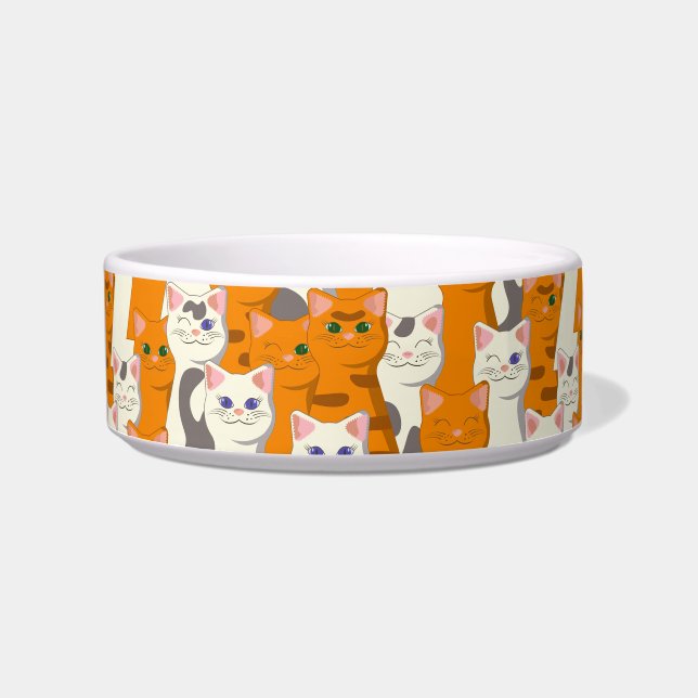 白とオレンジ色の猫が緑の目と青い目をパターン ボウル (正面)