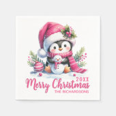 白とカスタムピンクの可愛いペンギンがクリスマス気分 スタンダードカクテルナプキン (正面)