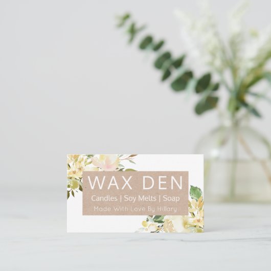 白とクラフトの石鹸ロウソクの大豆溶けとDIYクラフト 名刺 (スタンド正面)