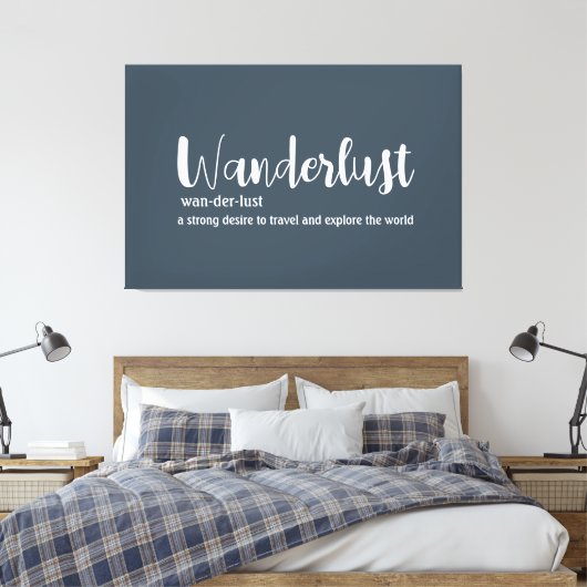 白とグレーと青の色で表現された「Wanderlust」の定義 キャンバスプリント (インサイチュ (寝室))