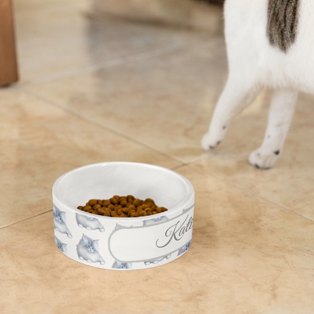 白とグレーのふわふわの毛皮の子猫 ボウル (クリエイターアップロード済み)