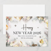 白とグレーのモダンなハッピー ニューイヤーカード シーズンカード (正面/裏面)