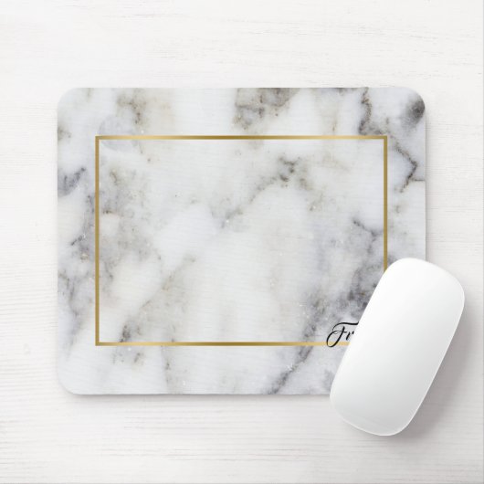 白とグレーの大理石の石の金ゴールド縁どフレーム マウスパッド (マウス)