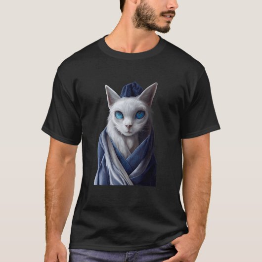 白とグレーの毛並みの青い目の悲しい顔の猫 クー Tシャツ (正面)