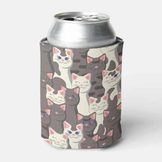 白とグレーの猫の模様 缶クーラー (缶正面)