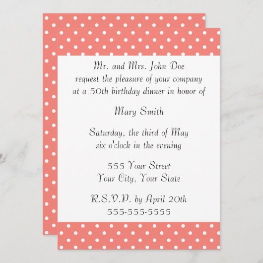 白とコーラルピンクの水玉模様パターン 招待状 (正面/裏面)