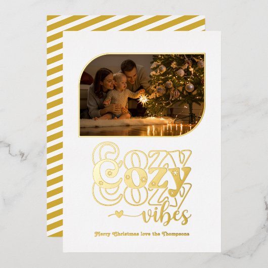 白とゴールドのほっこりレトロクリスマスフォト 箔シーズンカード (正面/裏面)