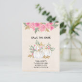 白とゴールドのカボチャの水彩画 Save the Date インビテーションポストカード (スタンド正面)