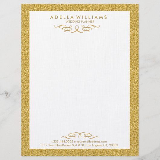 白とゴールドのグリッターカリグラフィー スワール フレーム レターヘッド (正面)