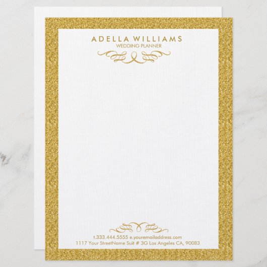 白とゴールドのグリッターカリグラフィー スワール フレーム レターヘッド (正面/裏面)
