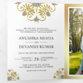 白とゴールドの伝統的な曼荼羅 インドの結婚式 三つ折り招待状 (内部最初)