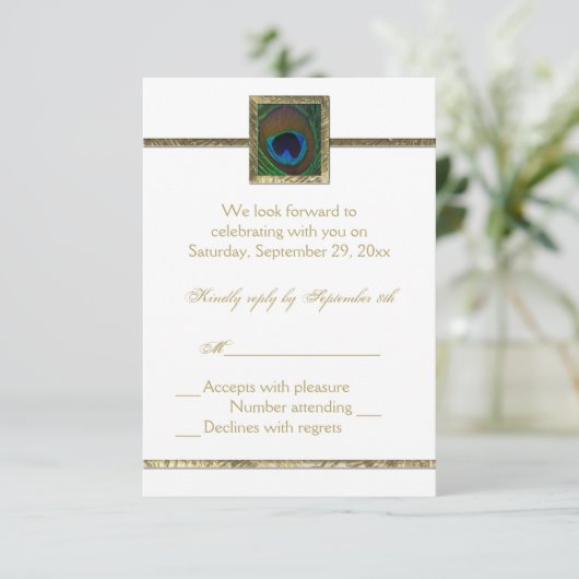 白とゴールドの孔雀の羽根の出欠確認カード 出欠カード (スタンド正面)