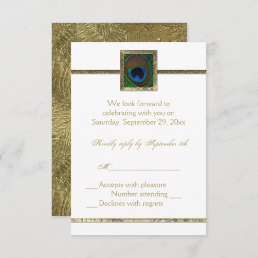 白とゴールドの孔雀の羽根の出欠確認カード 出欠カード (正面/裏面)