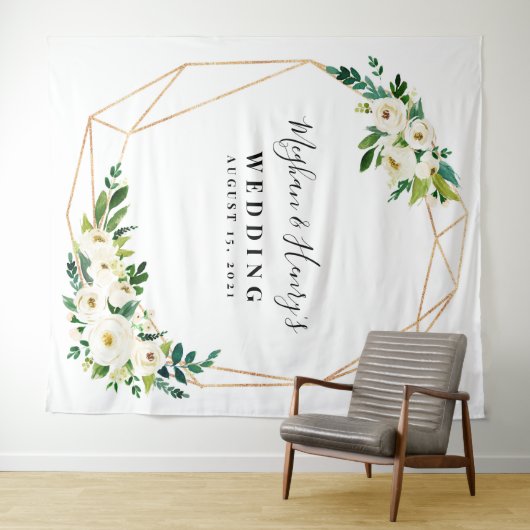 白とゴールドの結婚式バックドロップ、フォトブース小道具 タペストリー (インサイチュ(横))
