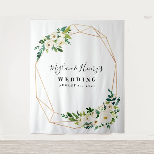 白とゴールドの結婚式バックドロップ、フォトブース小道具 タペストリー (正面)