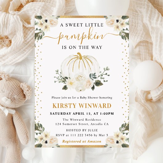 白とゴールドの花柄のカボチャが秋のベイビーシャワーを彩る 招待状