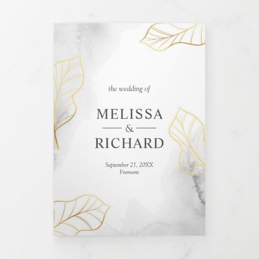 白とゴールドの葉のアンパサンドが一つになったウェディング 三つ折り招待状 (カバー)
