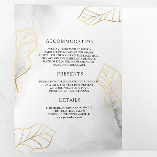 白とゴールドの葉のアンパサンドが一つになったウェディング 三つ折り招待状 (内部最初)