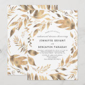 白とゴールドの葉のローレル 秋のリハーサルディナー 招待状 (正面/裏面)