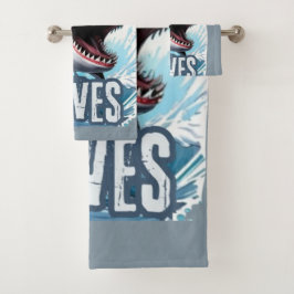 白とシアンのシャークのグラフィック落書き – スタイル塔 バスタオルセット