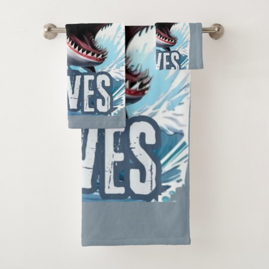 白とシアンのシャークのグラフィック落書き – スタイル塔 バスタオルセット (インサイチュ)