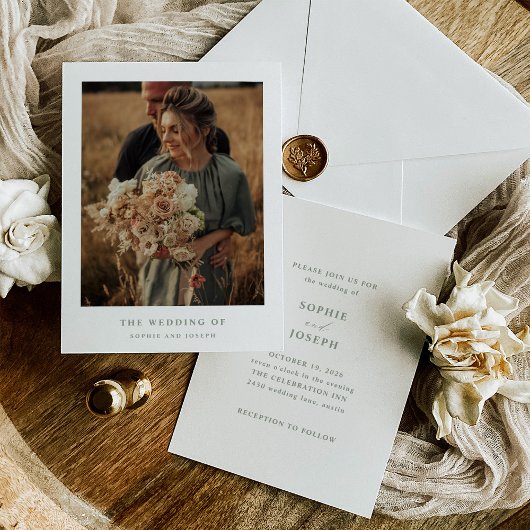 白とセージのエレガント文字と写真 | ウェディング 招待状