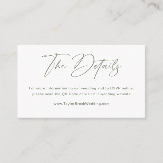 白とセージ緑結婚の詳細Qrコード エンクロージャーカード (正面)