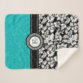 白とターコイズのダマスク模様 シェルパブランケット (正面(横))